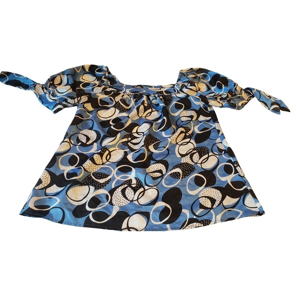 Allison Taylor‎ Blouse Womens S Blue Black Geometric Print Satin Bow Business